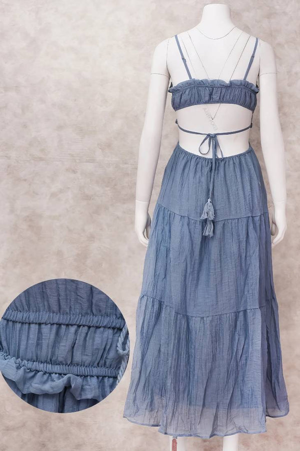 Robe Champêtre Maxi Dos Nu Col Droit Bretelles Spaghetti Taille Empire Fluide Bohème Été Élégante