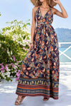 Robe Champêtre Maxi Fleurie Col Plongeant Bretelles Fines Sans Manches Coupe Évasée