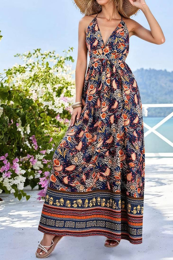 Robe Champêtre Maxi Fleurie Col Plongeant Bretelles Fines Sans Manches Coupe Évasée