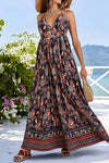 Robe Champêtre Maxi Fleurie Col Plongeant Bretelles Fines Sans Manches Coupe Évasée