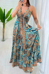 Robe Champêtre Maxi Imprimé Tribal Col En V Bretelles Fines Dos Nu Fluide