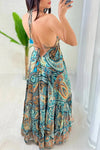 Robe Champêtre Maxi Imprimé Tribal Col En V Bretelles Fines Dos Nu Fluide