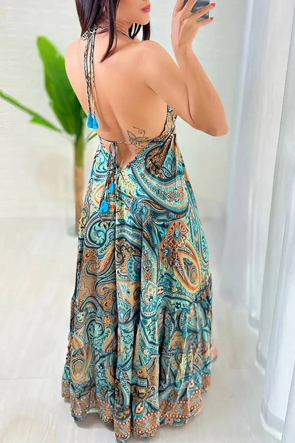 Robe Champêtre Maxi Imprimé Tribal Col En V Bretelles Fines Dos Nu Fluide