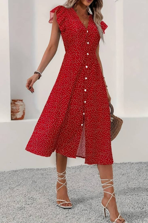 Robe Champêtre Mi-Longue À Pois Boutonnée Col En V Manches Volantées Fendue Été Rouge