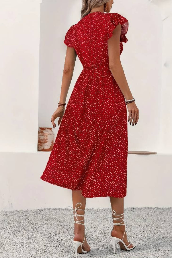Robe Champêtre Mi-Longue À Pois Boutonnée Col En V Manches Volantées Fendue Été Rouge