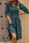 Robe Champêtre Mi-Longue Vert Sapin À Fleurs Col V