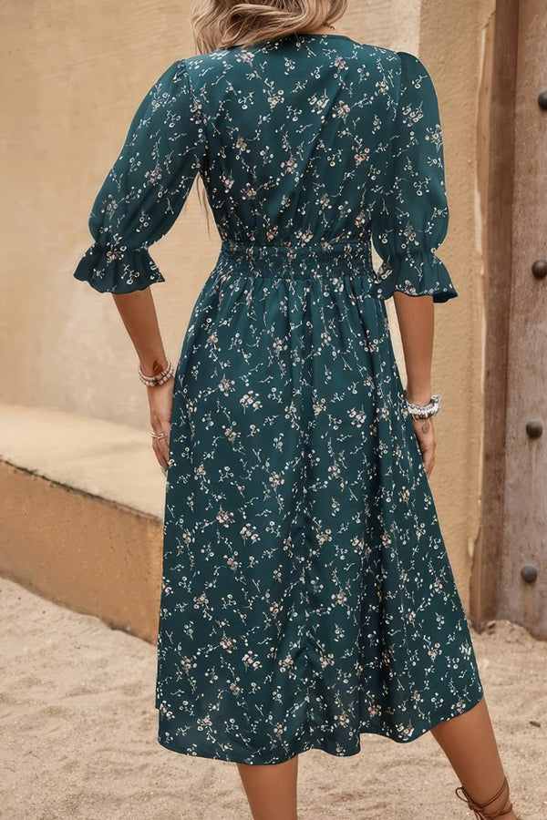 Robe Champêtre Mi-Longue Vert Sapin À Fleurs Col V