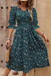 Robe Champêtre Mi-Longue Vert Sapin À Fleurs Col V