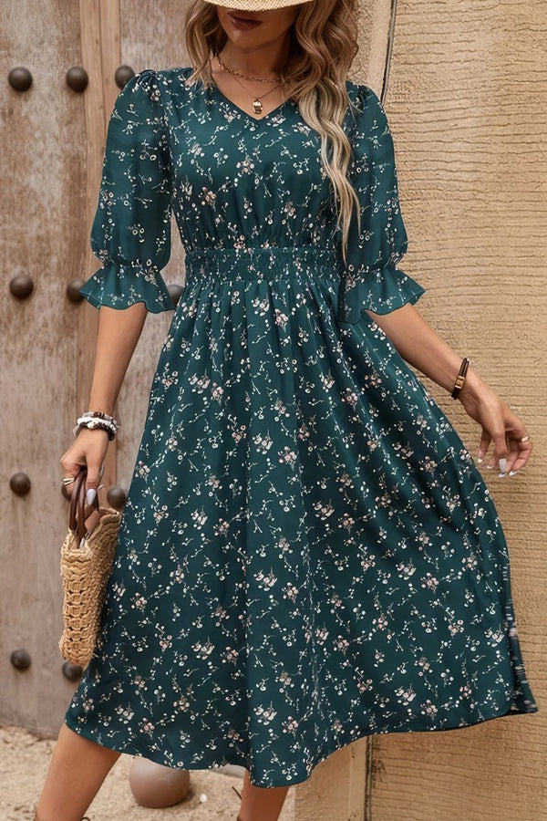 Robe Champêtre Mi-Longue Vert Sapin À Fleurs Col V