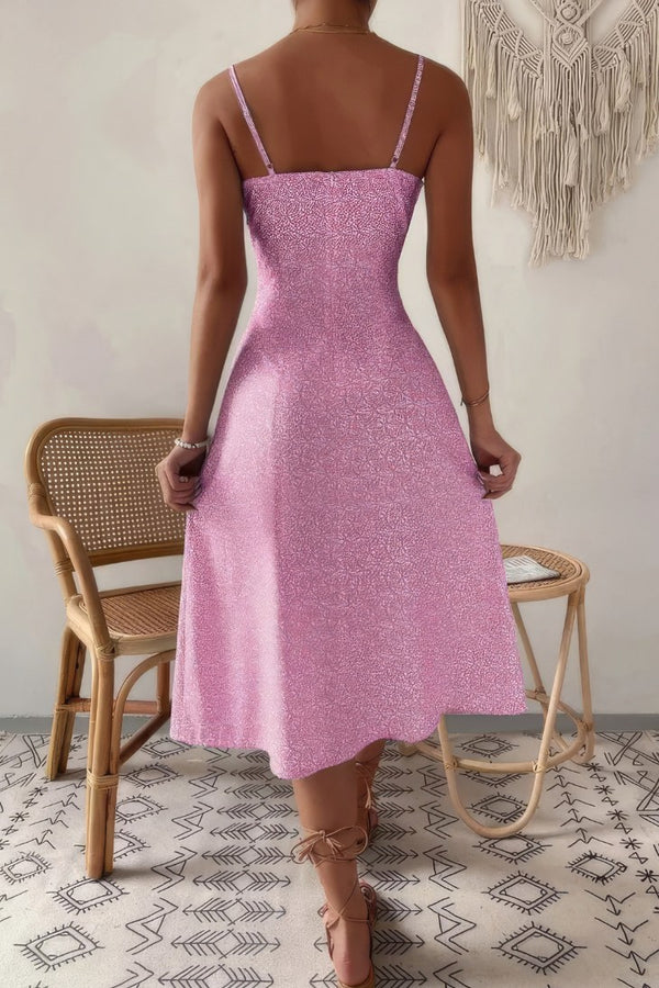 Robe Champêtre Midi À Fines Bretelles Imprimé Fleuri Coupe A Fente Latérale