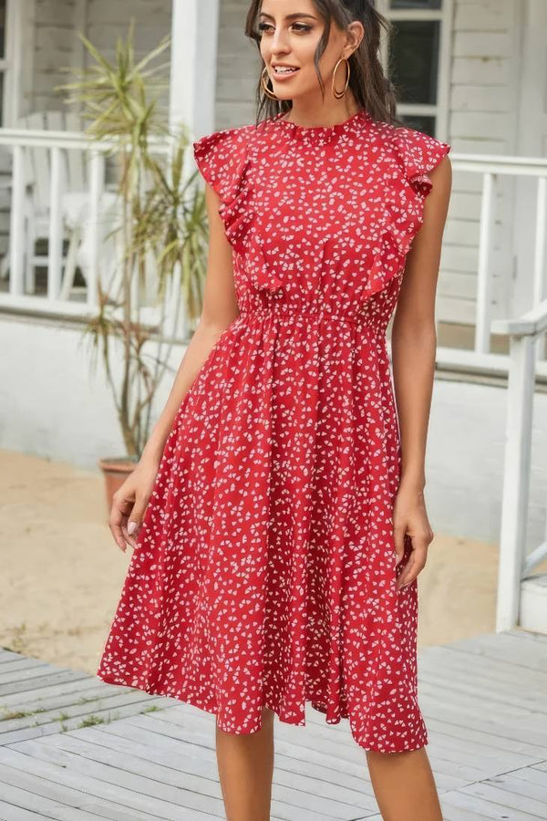 Robe Champêtre Midi À Pois Manches Volantées Col Rond Coupe Évasée