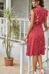 Robe Champêtre Midi À Pois Manches Volantées Col Rond Coupe Évasée