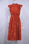 Robe Champêtre Midi À Pois Manches Volantées Col Rond Coupe Évasée