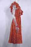 Robe Champêtre Midi À Pois Manches Volantées Col Rond Coupe Évasée
