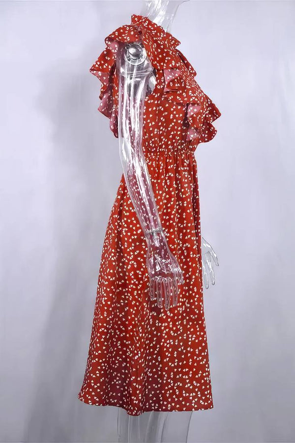 Robe Champêtre Midi À Pois Manches Volantées Col Rond Coupe Évasée