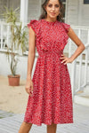 Robe Champêtre Midi À Pois Manches Volantées Col Rond Coupe Évasée