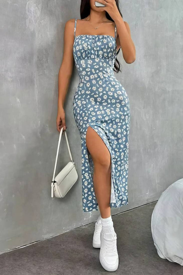 Robe Champêtre Midi Col Carré Bretelles Fines Coupe Fourreau Fendue Fleurie