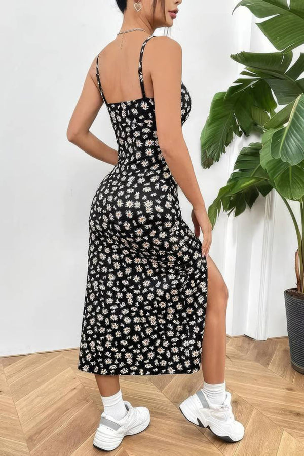 Robe Champêtre Midi Col Carré Bretelles Fines Coupe Fourreau Fendue Fleurie