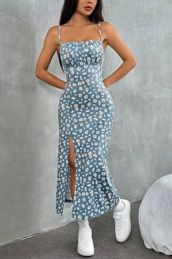 Robe Champêtre Midi Col Carré Bretelles Fines Coupe Fourreau Fendue Fleurie