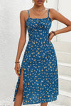 Robe Champêtre Midi Col Carré Bretelles Fines Sans Manches Fendue Fleurie