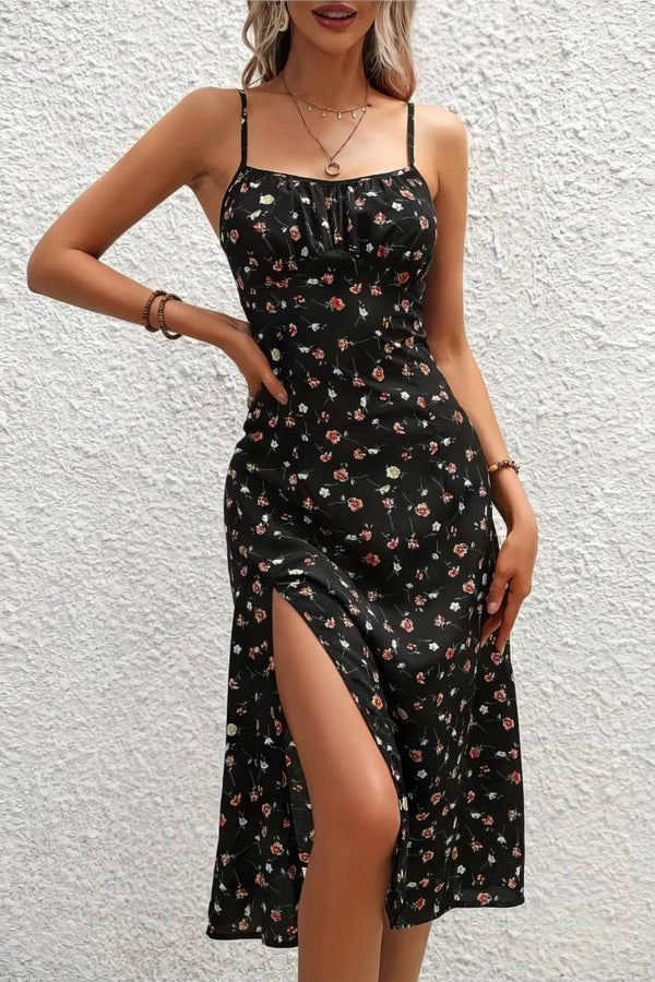 Robe Champêtre Midi Col Carré Bretelles Fines Sans Manches Fendue Fleurie