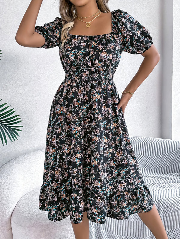 Robe Champêtre Midi Col Carré Manches Bouffantes Coupe A-Line Fleurie