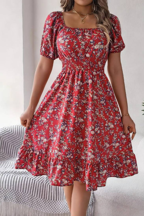 Robe Champêtre Midi Col Carré Manches Bouffantes Coupe A-Line Fleurie