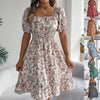 Robe Champêtre Midi Col Carré Manches Bouffantes Coupe A-Line Fleurie