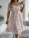 Robe Champêtre Midi Col Carré Manches Bouffantes Coupe A-Line Fleurie