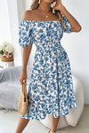 Robe Champêtre Midi Col Carré Manches Bouffantes Coupe A-Line Fleurie
