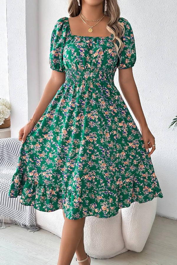 Robe Champêtre Midi Col Carré Manches Bouffantes Coupe A-Line Fleurie