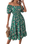 Robe Champêtre Midi Col Carré Manches Bouffantes Coupe A-Line Fleurie