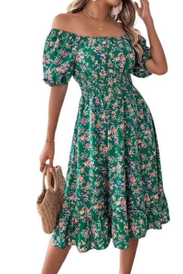 Robe Champêtre Midi Col Carré Manches Bouffantes Coupe A-Line Fleurie