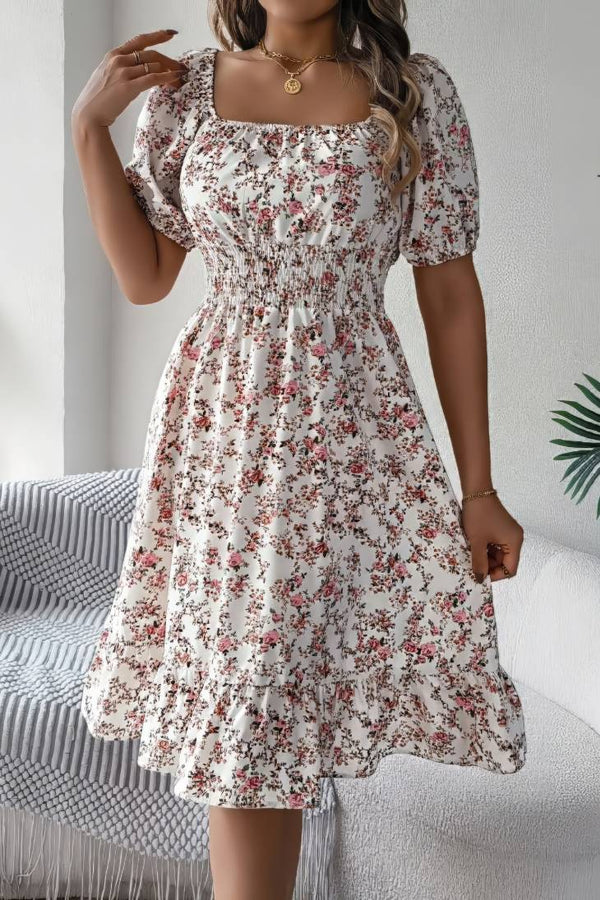 Robe Champêtre Midi Col Carré Manches Bouffantes Coupe A-Line Fleurie