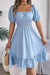 Robe Champêtre Midi Col Carré Manches Bouffantes Taille Smockée Coupe A-Line Ourlet Volant