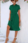Robe Champêtre Midi Col Chemise Manches Courtes Boutonnée Taille Ceinturée Coupe A-Line