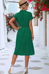 Robe Champêtre Midi Col Chemise Manches Courtes Boutonnée Taille Ceinturée Coupe A-Line