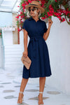 Robe Champêtre Midi Col Chemise Manches Courtes Boutonnée Taille Ceinturée Coupe A-Line
