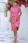 Robe Champêtre Midi Col Chemise Manches Courtes Boutonnée Taille Ceinturée Coupe A-Line