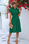 Robe Champêtre Midi Col Chemise Manches Courtes Boutonnée Taille Ceinturée Coupe A-Line
