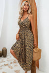 Robe Champêtre Midi Col En V Bretelles Fines Coupe A-Line Ceinturée Imprimé Léopard