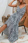 Robe Champêtre Midi Col En V Bretelles Fines Coupe A-Line Ceinturée Imprimé Léopard
