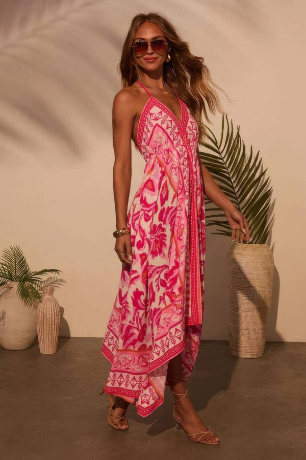 Robe Champêtre Midi Col En V Bretelles Larges Coupe A-Line Ourlet Asymétrique Imprimé Bohème Fuchsia