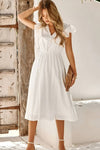 Robe Champêtre Midi Col En V Manches Courtes Volantées Coupe A-Line