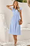 Robe Champêtre Midi Col En V Manches Courtes Volantées Coupe A-Line