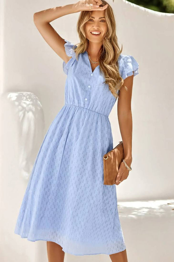 Robe Champêtre Midi Col En V Manches Courtes Volantées Coupe A-Line