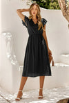 Robe Champêtre Midi Col En V Manches Courtes Volantées Coupe A-Line