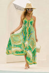 Robe Champêtre Midi Col Licou Bretelles Fines Coupe A-Line Ourlet Asymétrique Imprimé Bohème Vert Jaune
