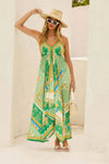 Robe Champêtre Midi Col Licou Bretelles Fines Coupe A-Line Ourlet Asymétrique Imprimé Bohème Vert Jaune