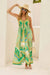 Robe Champêtre Midi Col Licou Bretelles Fines Coupe A-Line Ourlet Asymétrique Imprimé Bohème Vert Jaune